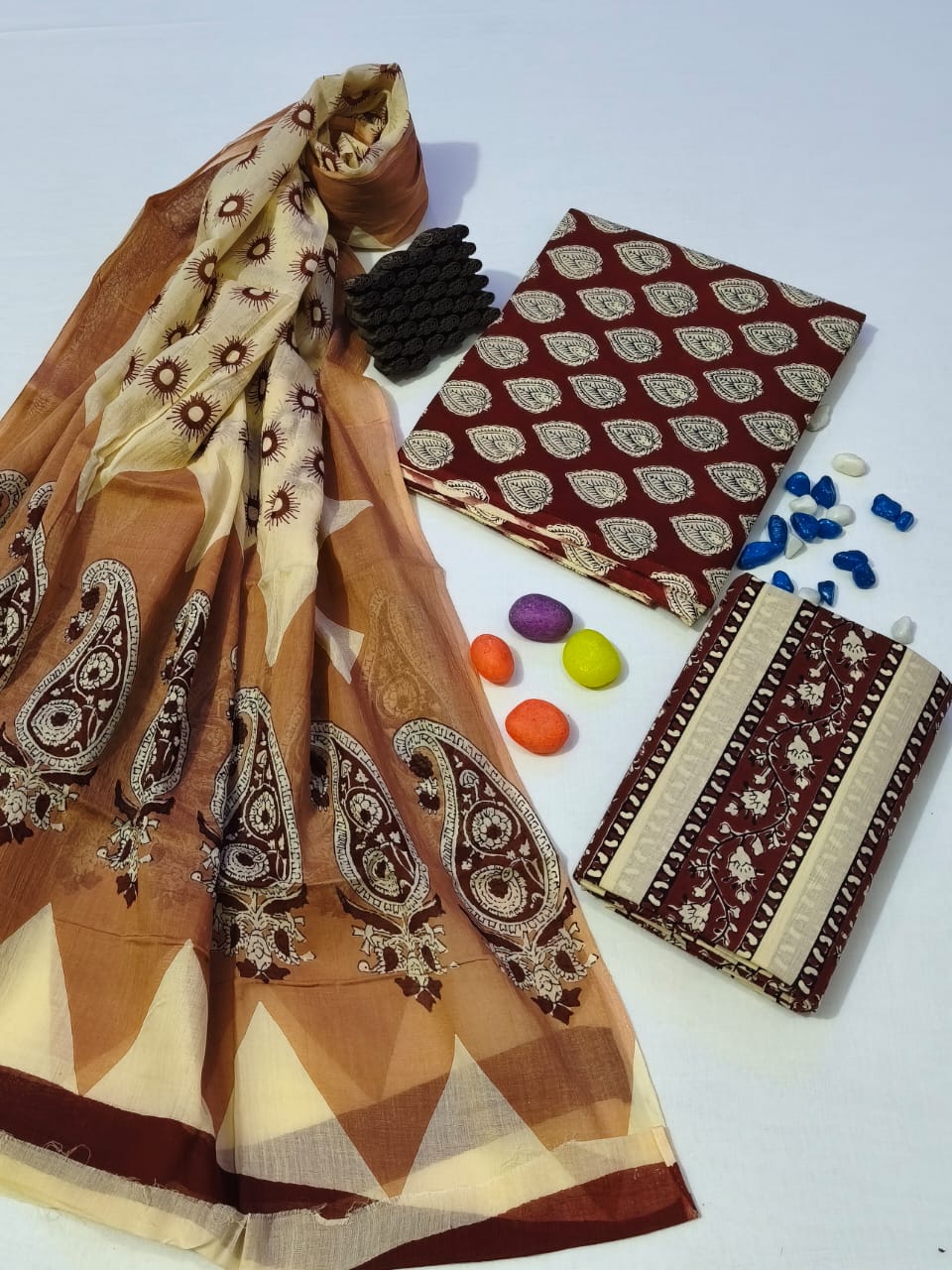 Pure Cotton Hand Block Print Unstitched Suit With Cotton Dupatta .