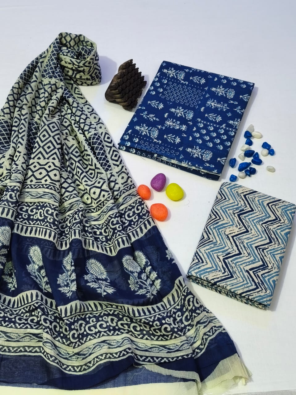 Pure Cotton Hand Block Print Unstitched Suit With Cotton Dupatta .