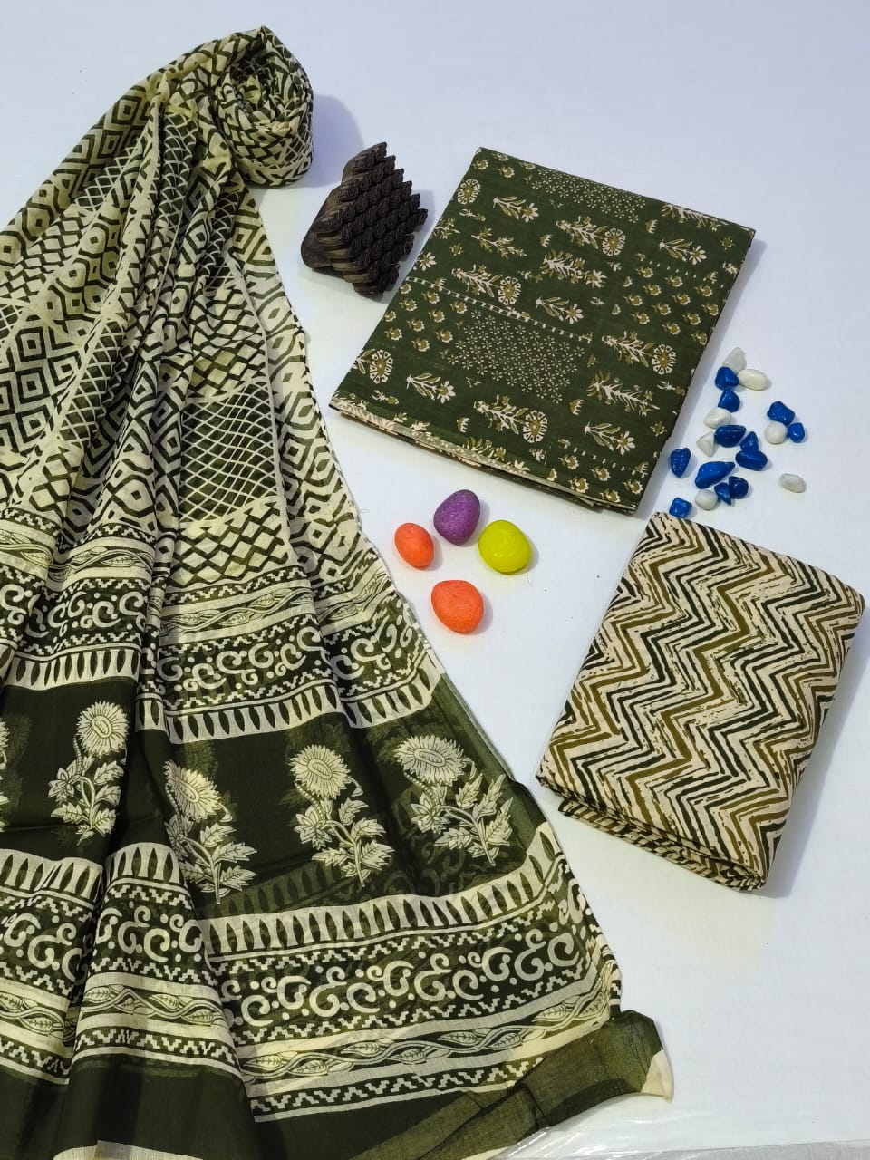 Pure Cotton Hand Block Print Unstitched Suit With Cotton Dupatta .