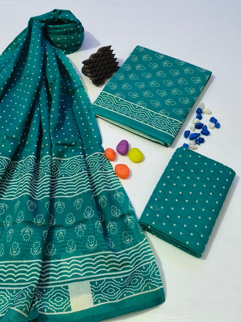 Pure Cotton Hand Block Print Unstitched Suit With Cotton Dupatta .