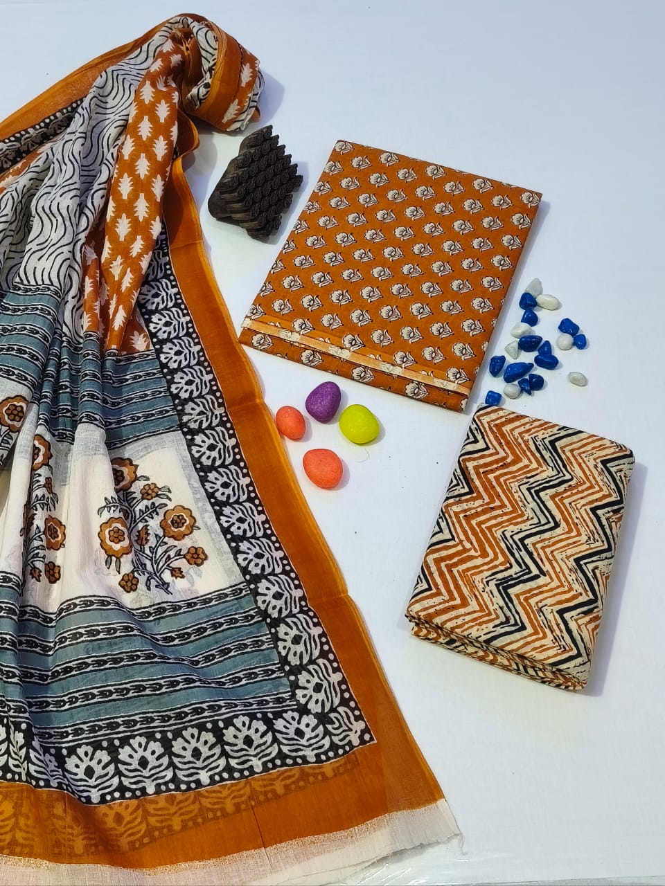 Pure Cotton Hand Block Print Unstitched Suit With Cotton Dupatta .