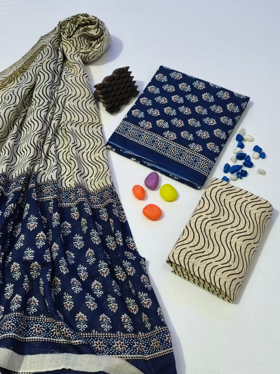 Pure Cotton Hand Block Print Unstitched Suit With Cotton Dupatta .