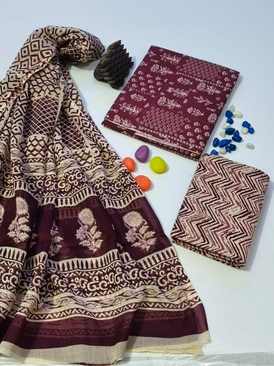 Pure Cotton Hand Block Print Unstitched Suit With Cotton Dupatta .