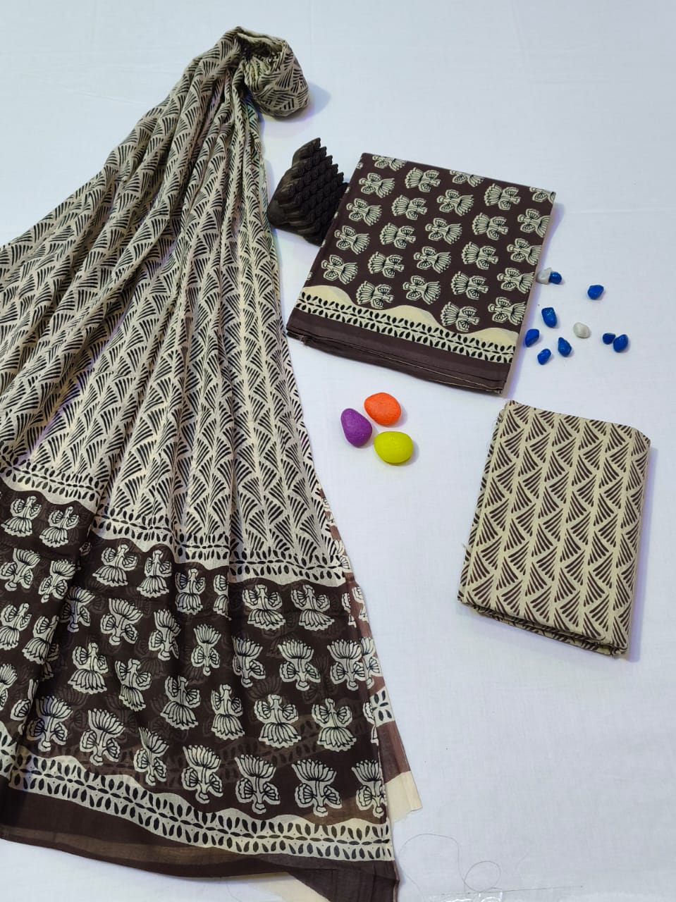 Pure Cotton Hand Block Print Unstitched Suit With Cotton Dupatta .