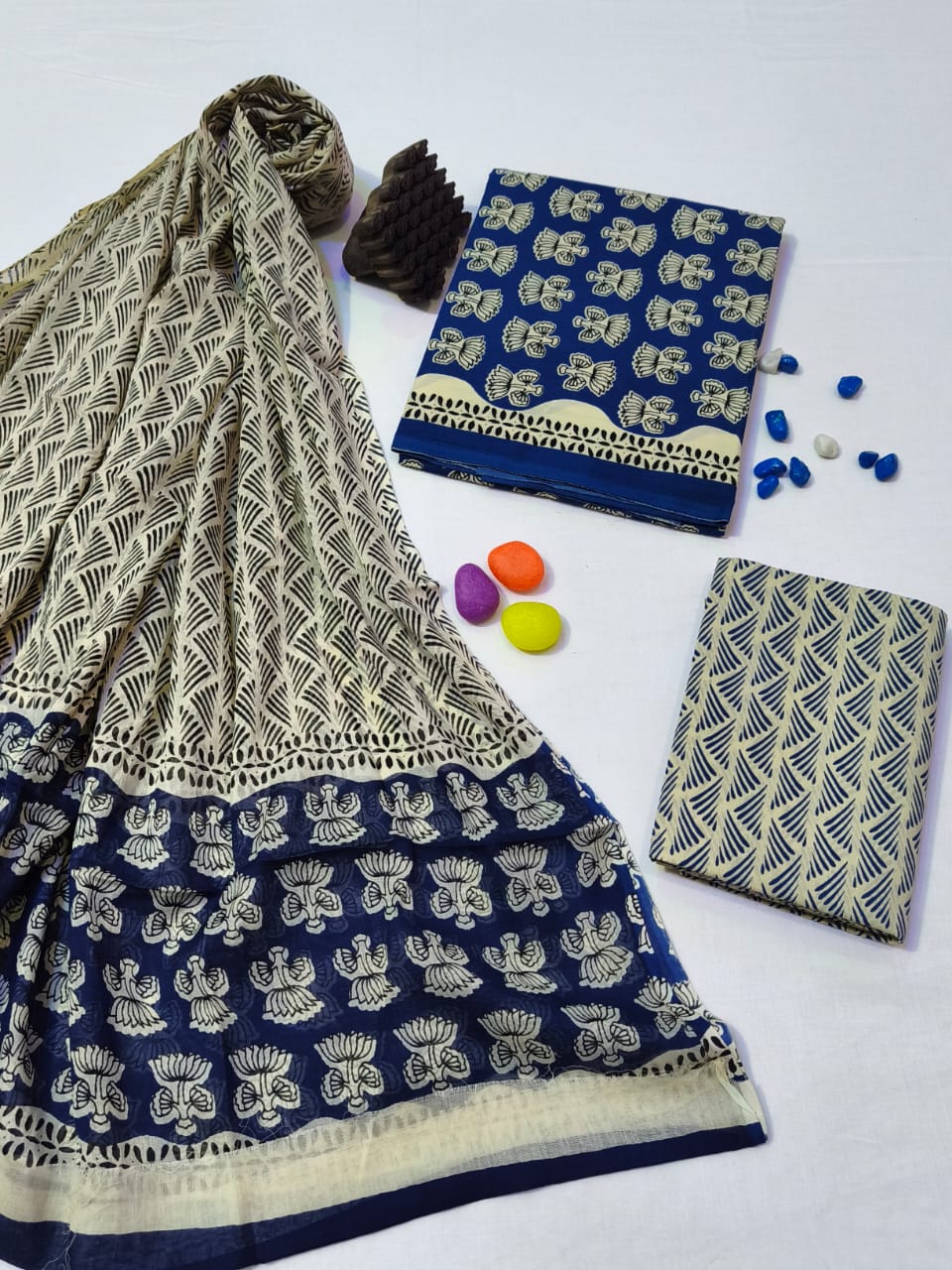 Pure Cotton Hand Block Print Unstitched Suit With Cotton Dupatta .