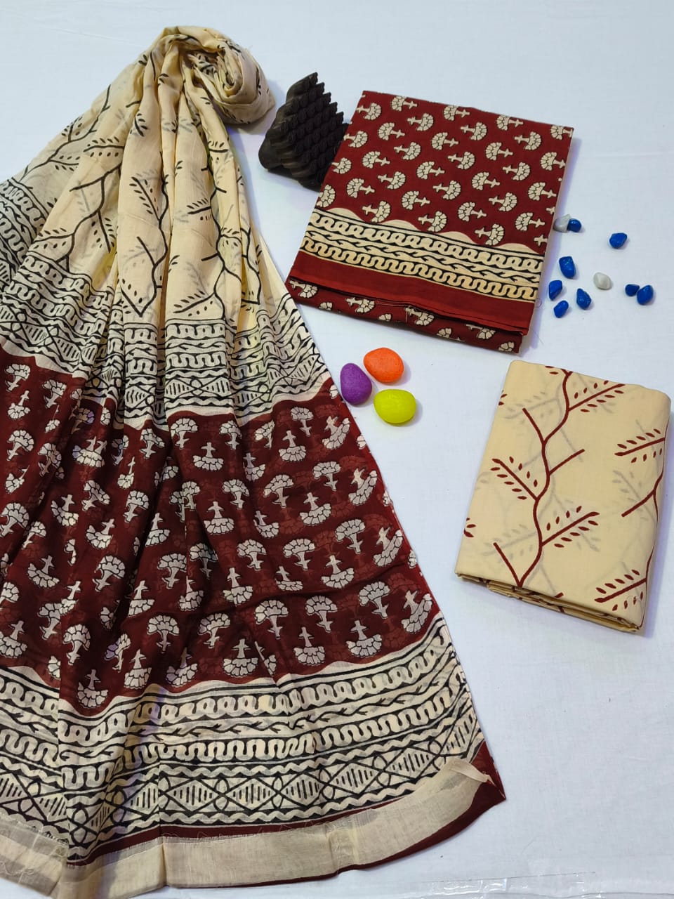 Pure Cotton Hand Block Print Unstitched Suit With Cotton Dupatta .
