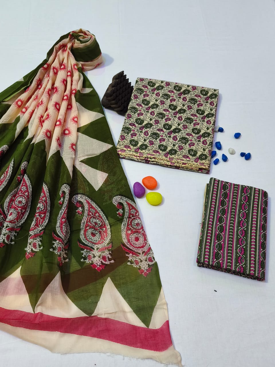 Pure Cotton Hand Block Print Unstitched Suit With Cotton Dupatta .
