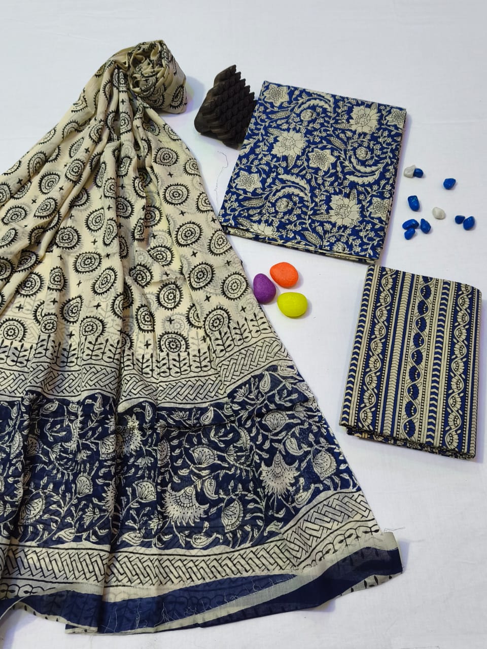 Pure Cotton Hand Block Print Unstitched Suit With Cotton Dupatta .