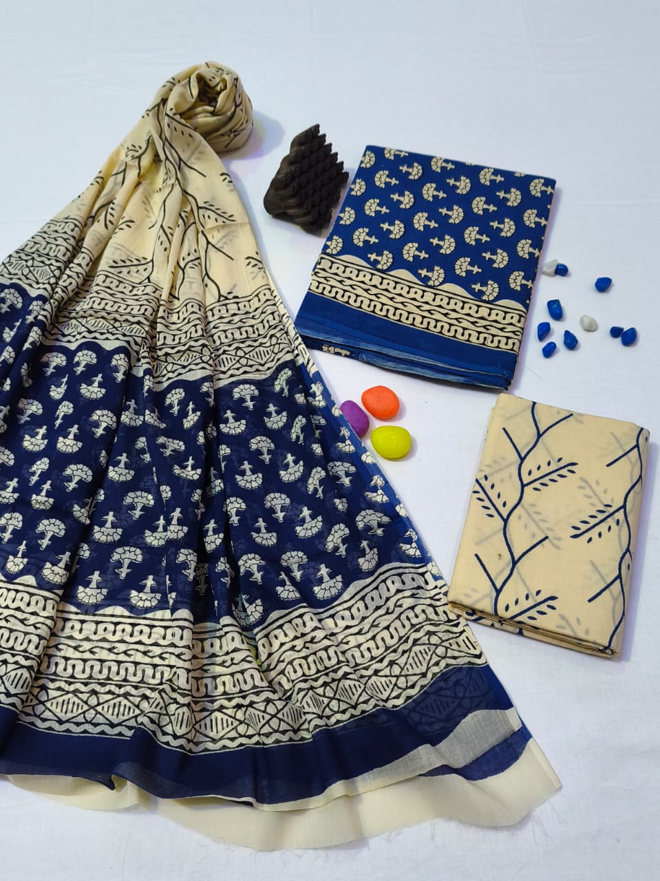 Pure Cotton Hand Block Print Unstitched Suit With Cotton Dupatta .