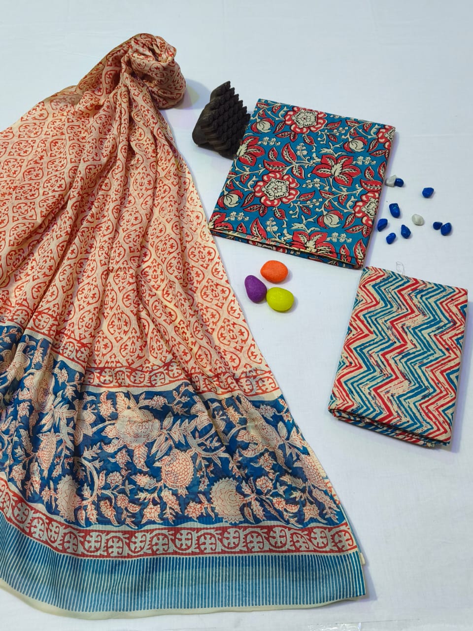 Pure Cotton Hand Block Print Unstitched Suit With Cotton Dupatta .