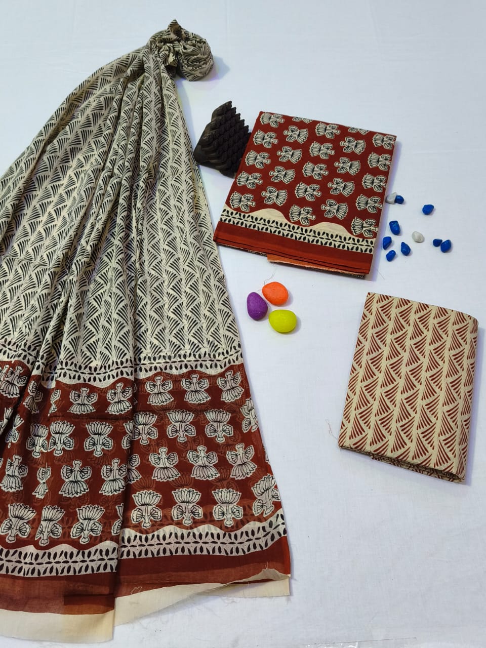 Pure Cotton Hand Block Print Unstitched Suit With Cotton Dupatta .