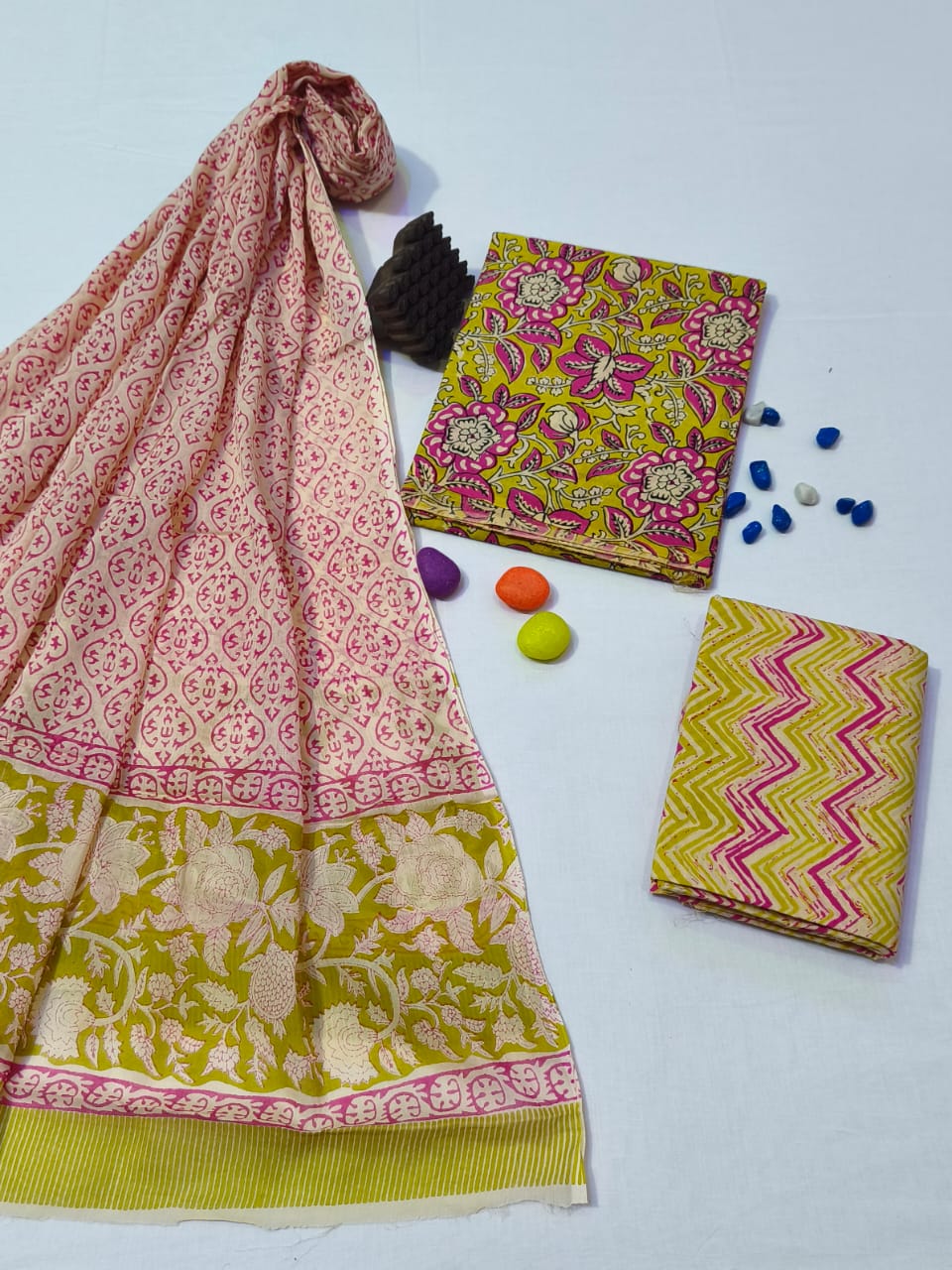 Pure Cotton Hand Block Print Unstitched Suit With Cotton Dupatta .
