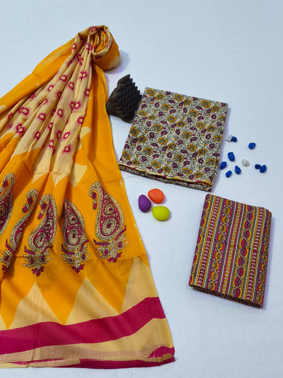 Pure Cotton Hand Block Print Unstitched Suit With Cotton Dupatta .