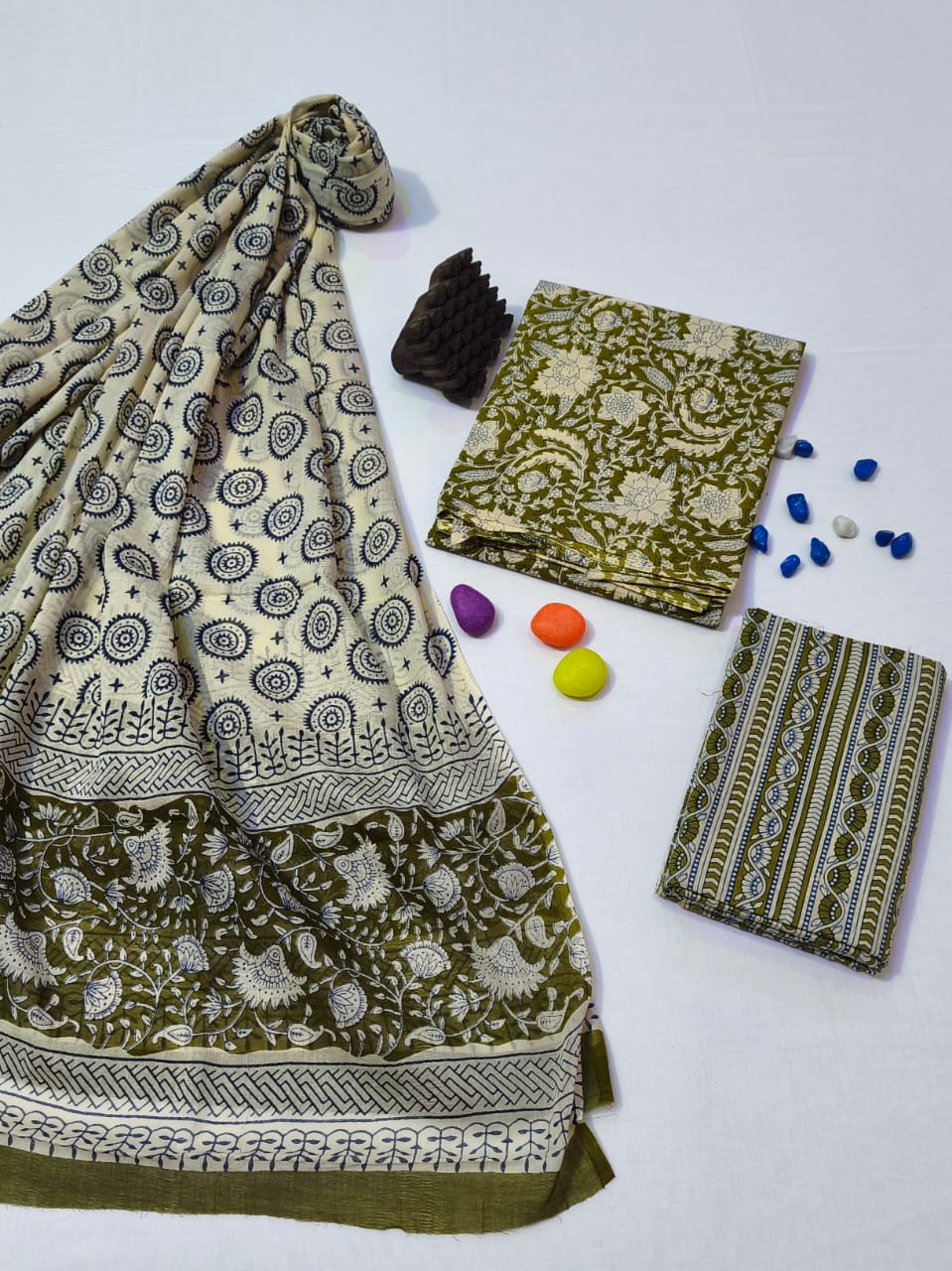 Pure Cotton Hand Block Print Unstitched Suit With Cotton Dupatta .