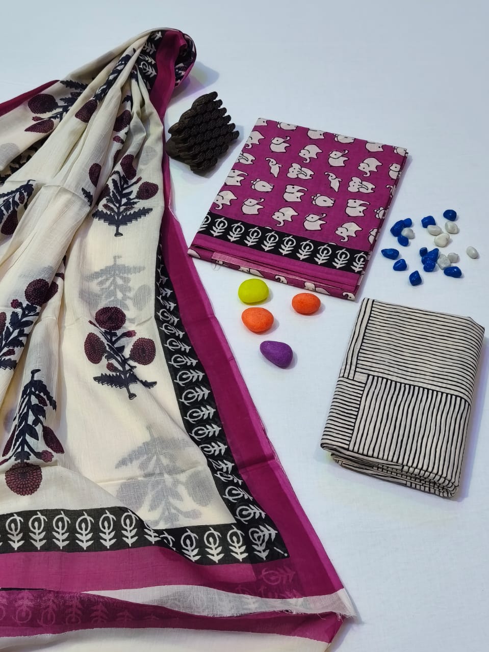 Pure Cotton Hand Block Print Unstitched Suit With Cotton Dupatta .