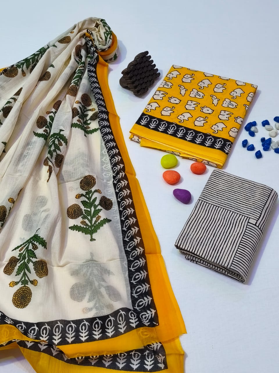 Pure Cotton Hand Block Print Unstitched Suit With Cotton Dupatta .
