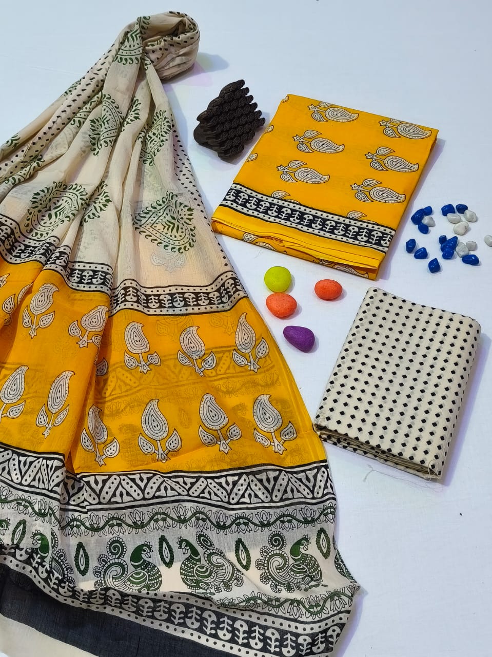 Pure Cotton Hand Block Print Unstitched Suit With Cotton Dupatta .