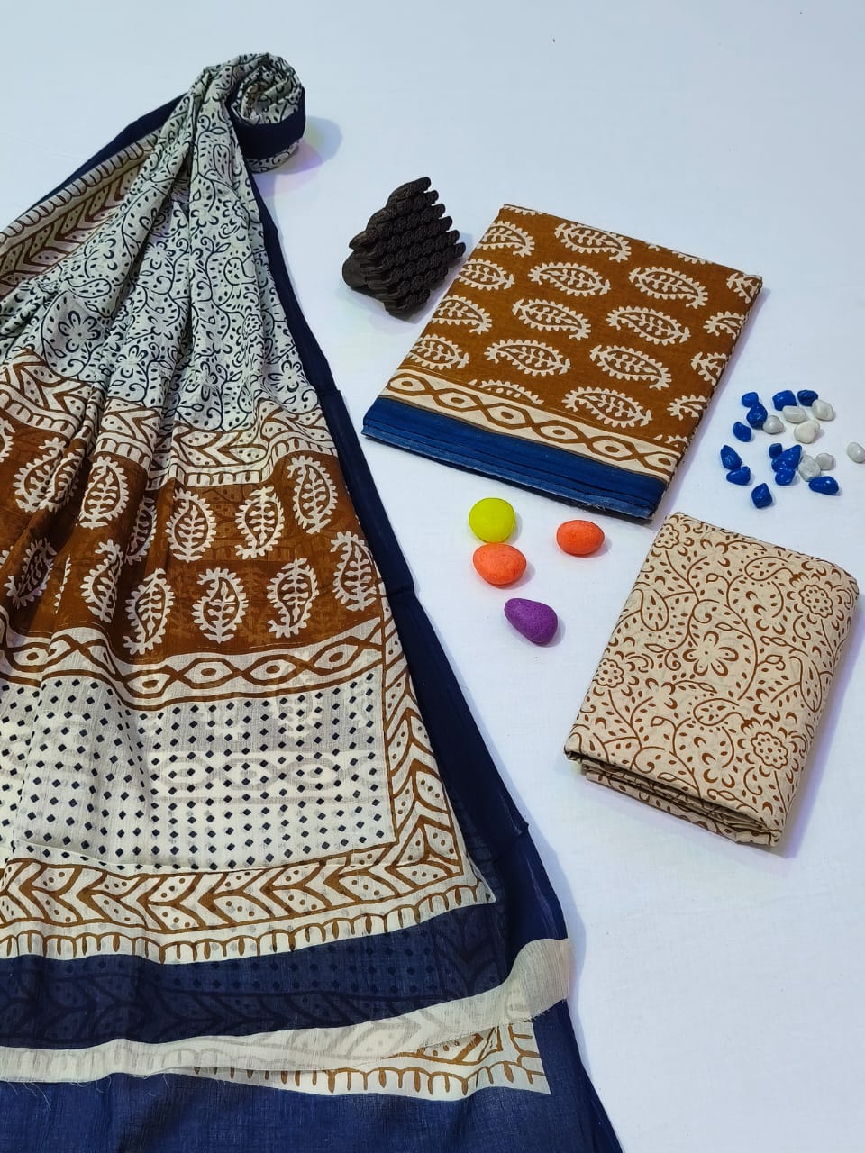 Pure Cotton Hand Block Print Unstitched Suit With Cotton Dupatta .