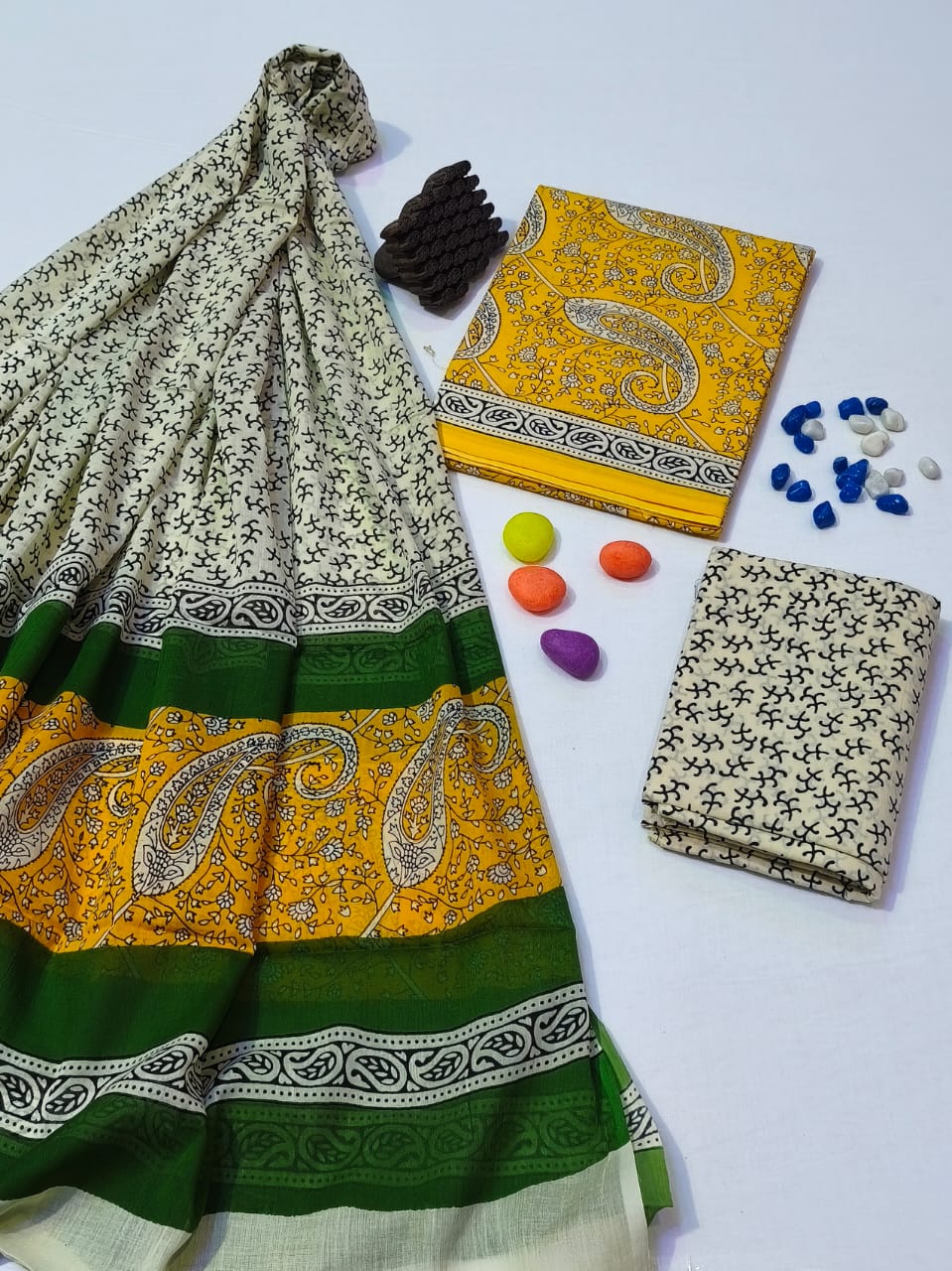 Pure Cotton Hand Block Print Unstitched Suit With Cotton Dupatta .