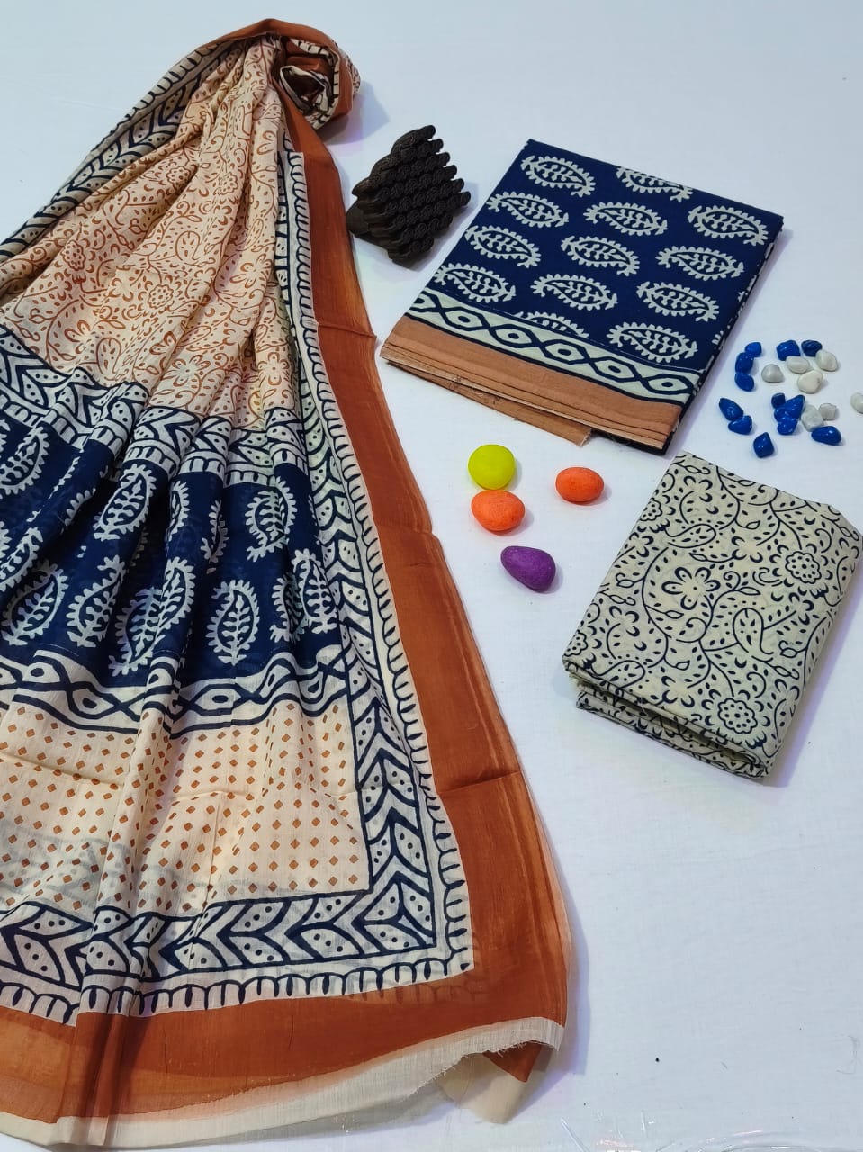 Pure Cotton Hand Block Print Unstitched Suit With Cotton Dupatta .