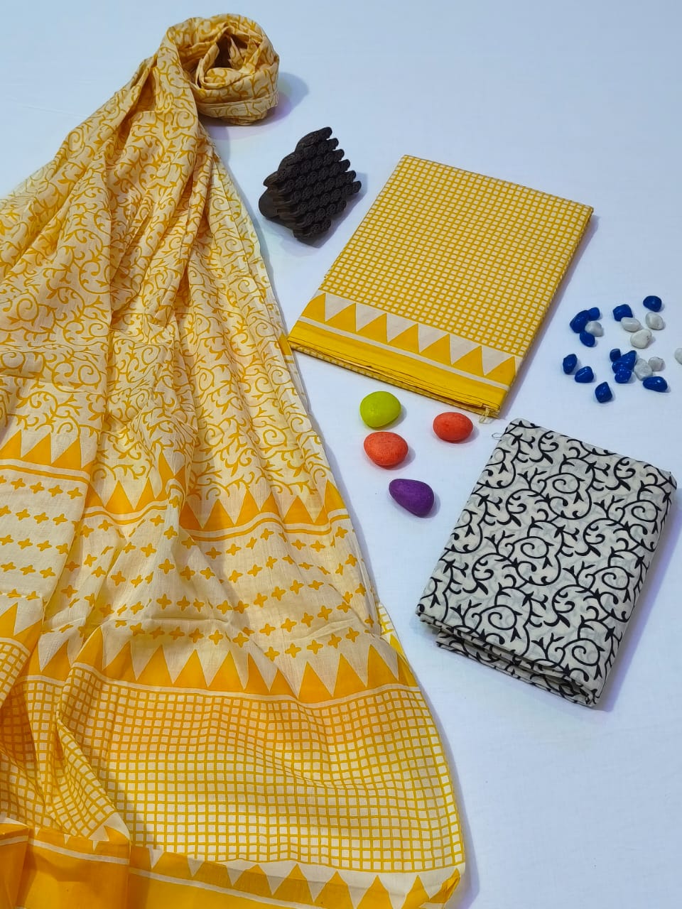 Pure Cotton Hand Block Print Unstitched Suit With Cotton Dupatta .