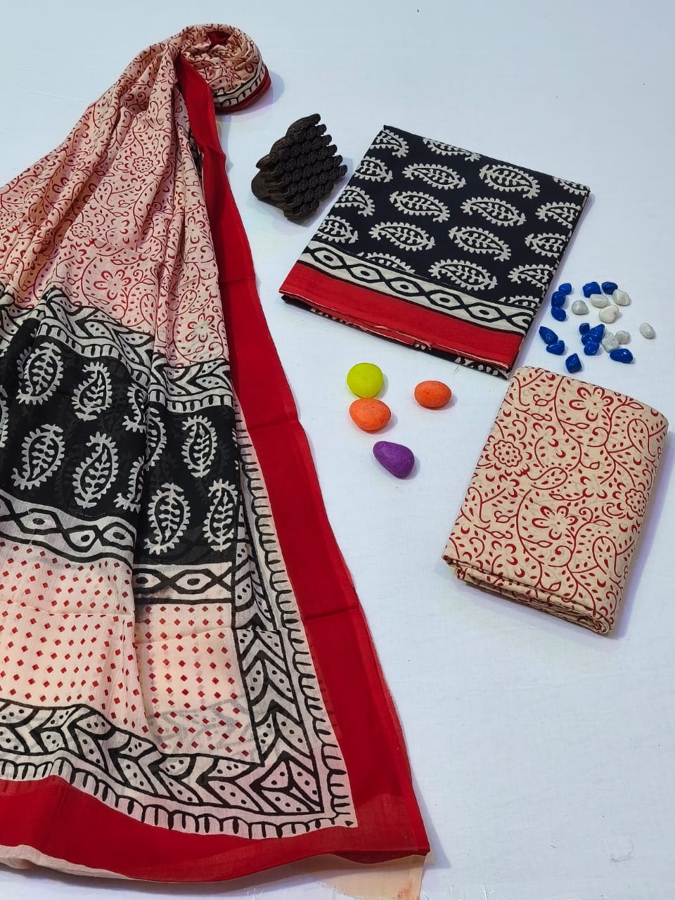Pure Cotton Hand Block Print Unstitched Suit With Cotton Dupatta .