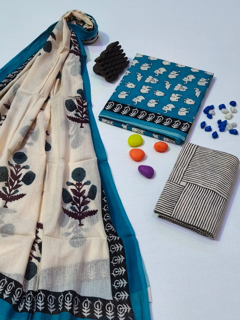 Pure Cotton Hand Block Print Unstitched Suit With Cotton Dupatta .