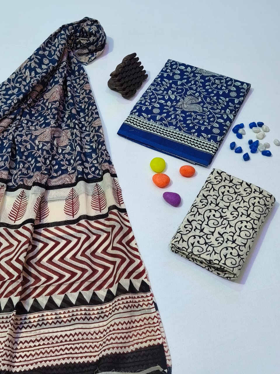 Pure Cotton Hand Block Print Unstitched Suit With Cotton Dupatta .