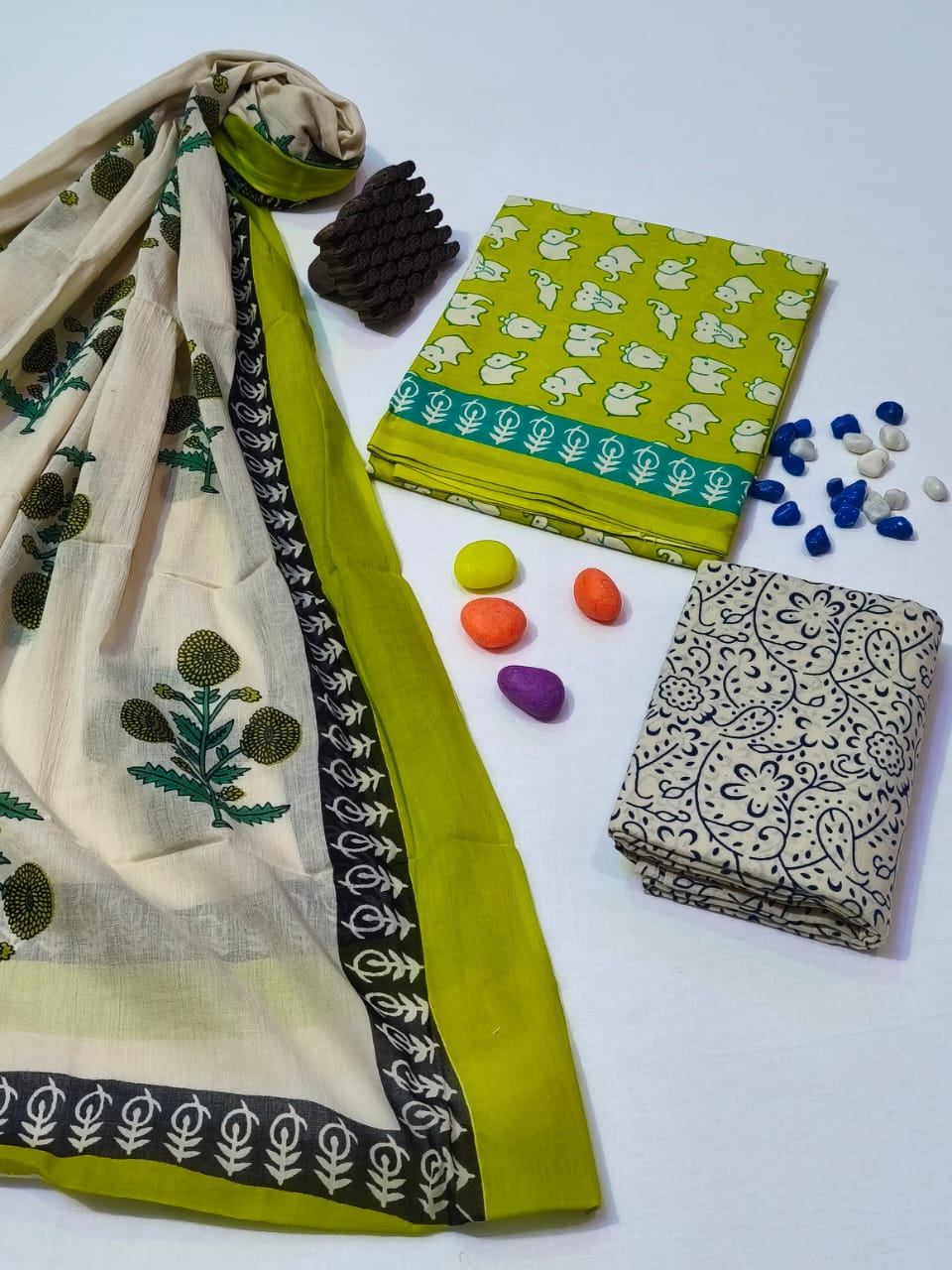 Pure Cotton Hand Block Print Unstitched Suit With Cotton Dupatta .