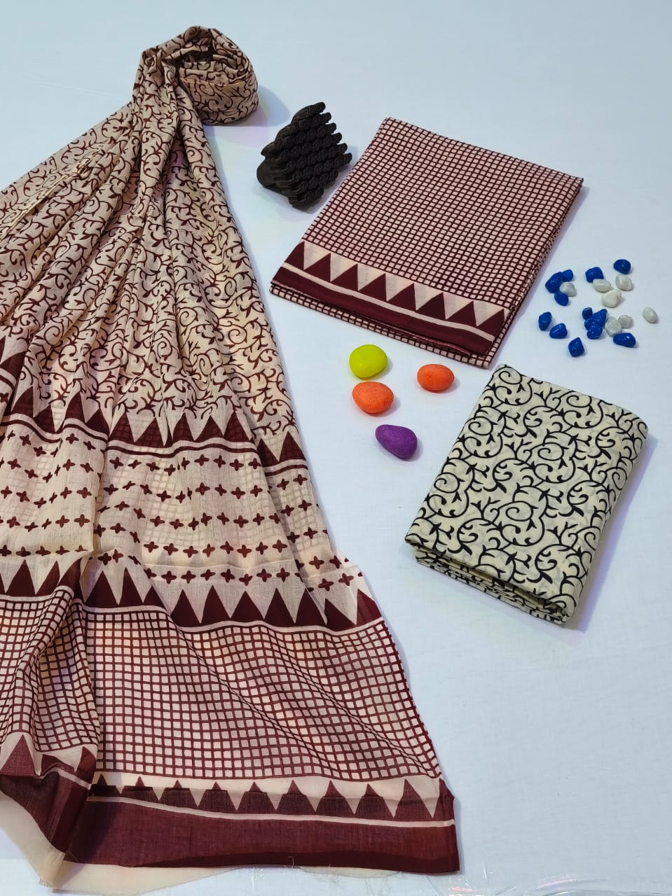 Pure Cotton Hand Block Print Unstitched Suit With Cotton Dupatta .
