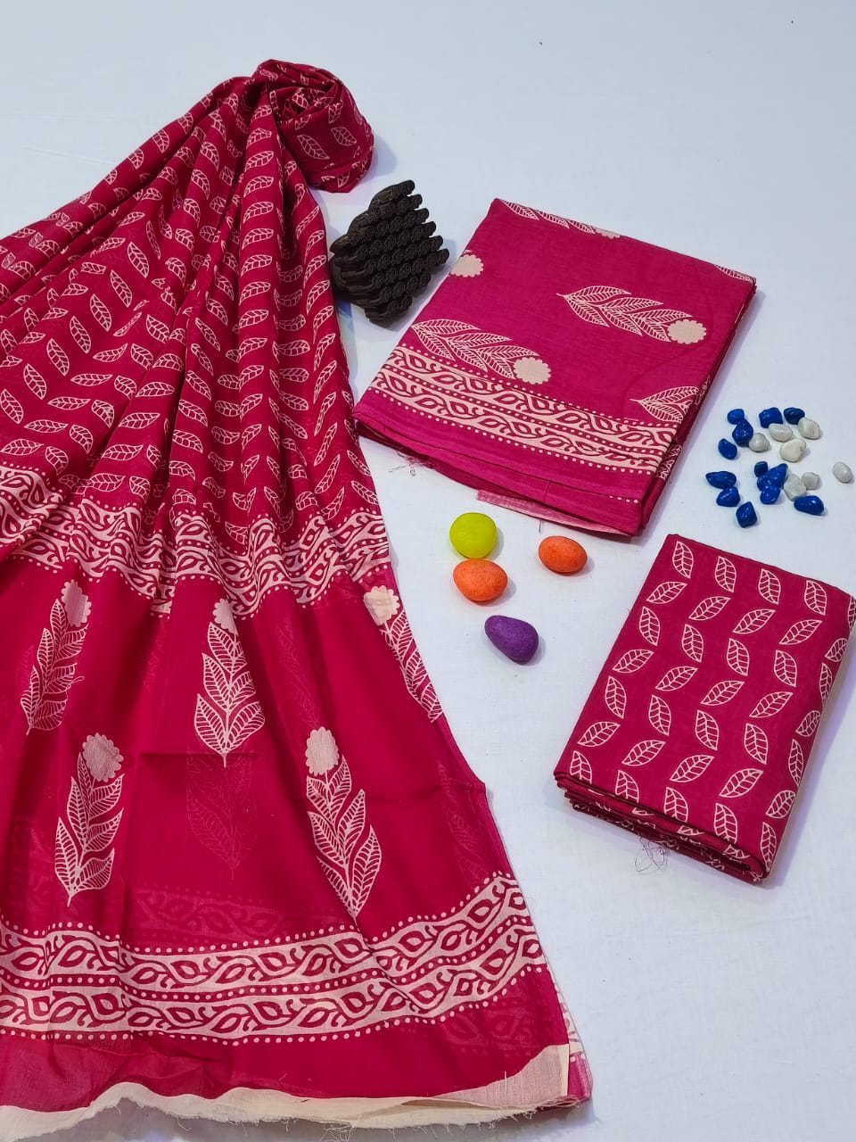Pure Cotton Hand Block Print Unstitched Suit With Cotton Dupatta .