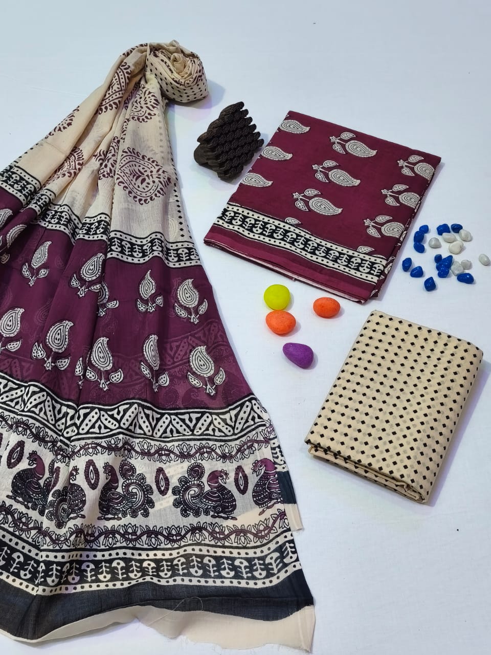 Pure Cotton Hand Block Print Unstitched Suit With Cotton Dupatta .