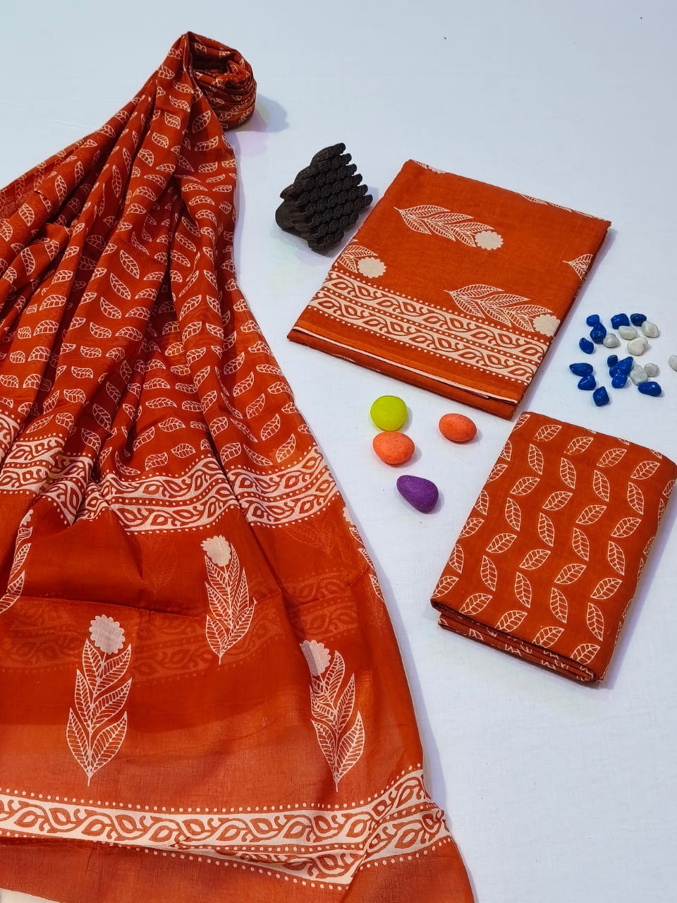 Pure Cotton Hand Block Print Unstitched Suit With Cotton Dupatta .