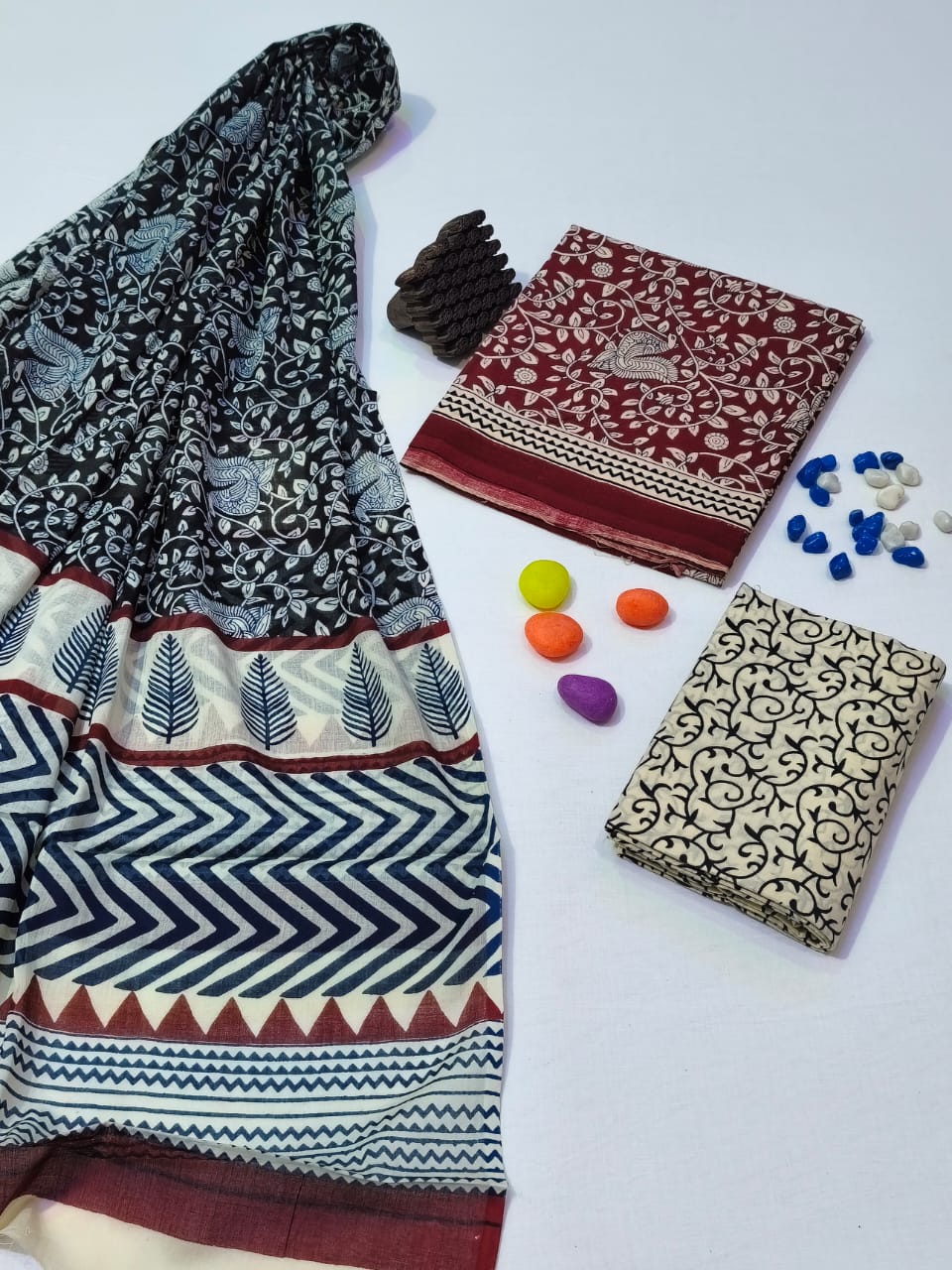 Pure Cotton Hand Block Print Unstitched Suit With Cotton Dupatta .