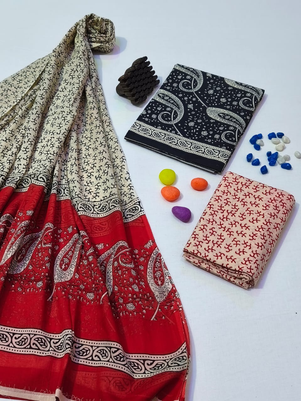 Pure Cotton Hand Block Print Unstitched Suit With Cotton Dupatta .