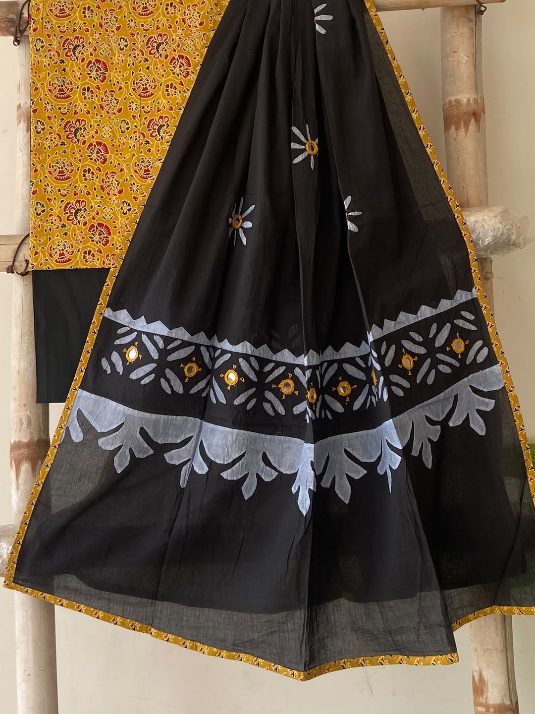 Pure Cotton Azrakh Print Unstitched Suit With Patch Work & Mirror Work Dupatta.