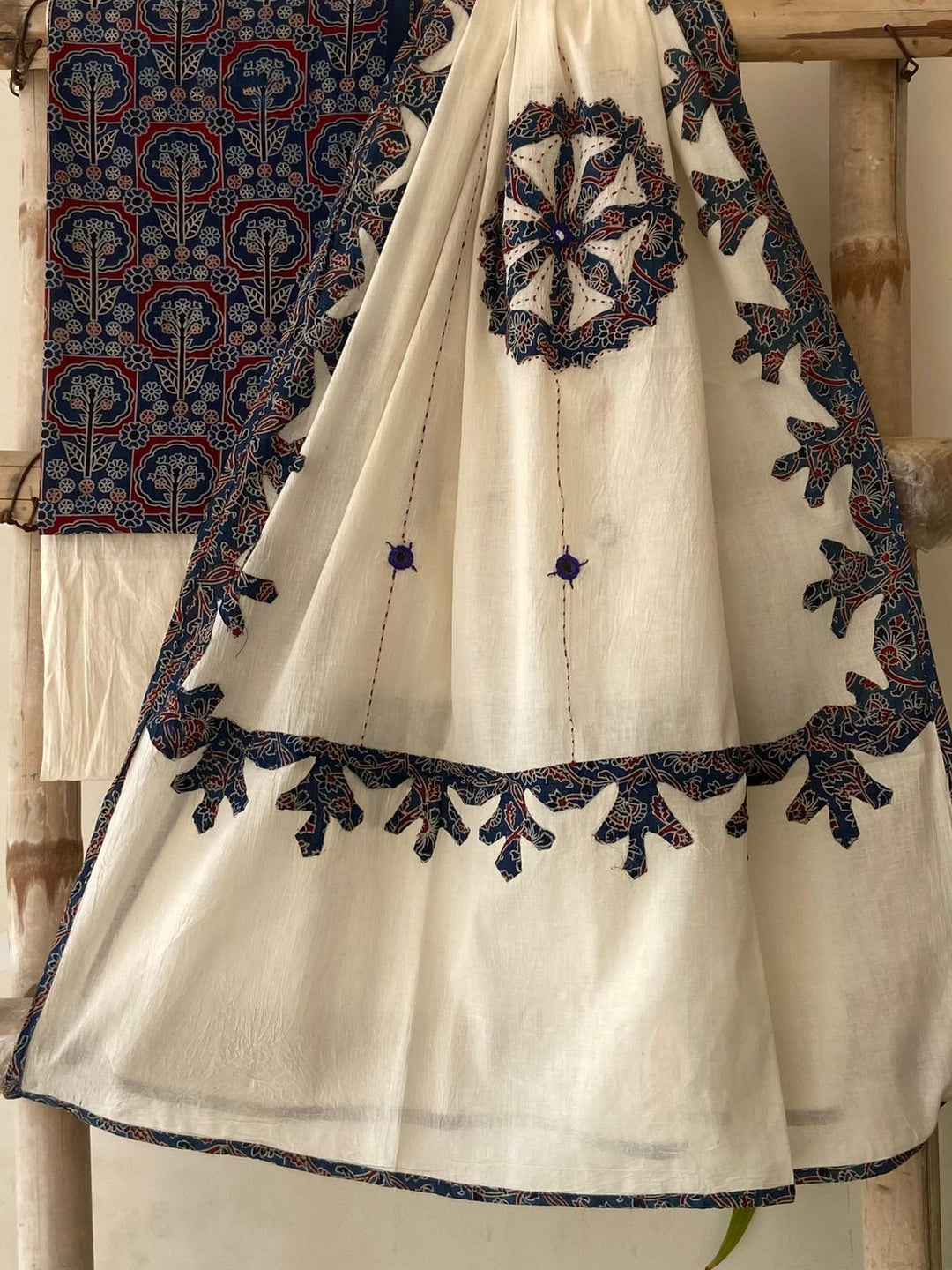 Pure Cotton Azrakh Print Unstitched Suit With Patch Work & Mirror Work Dupatta.