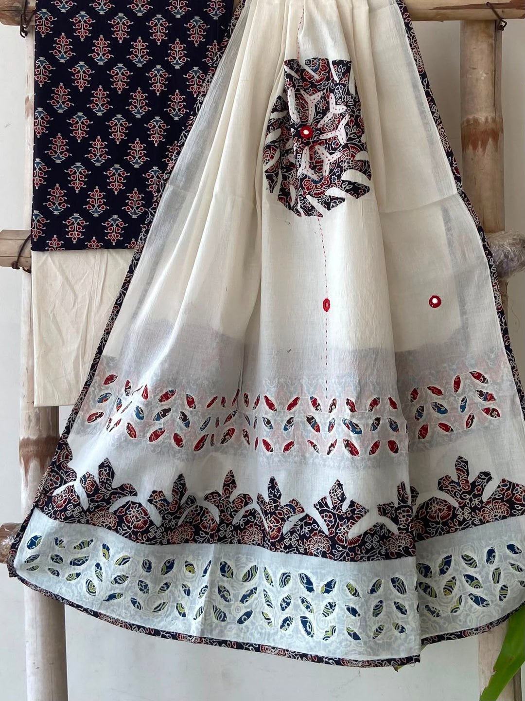 Pure Cotton Azrakh Print Unstitched Suit With Patch Work & Mirror Work Dupatta.