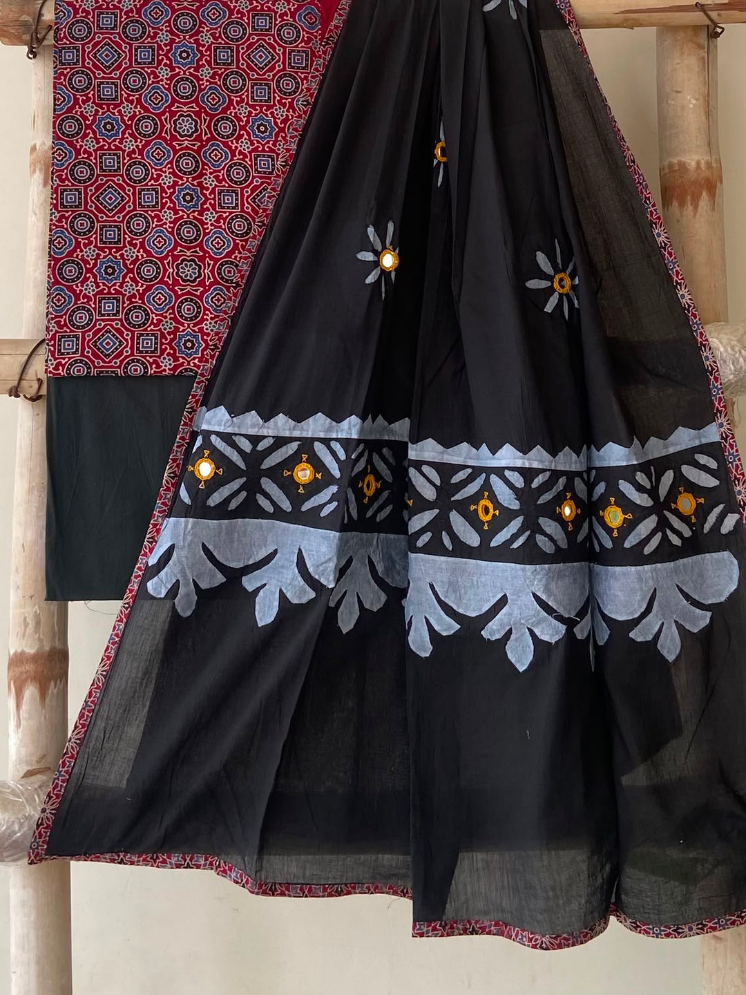 Pure Cotton Azrakh Print Unstitched Suit With Patch Work & Mirror Work Dupatta.