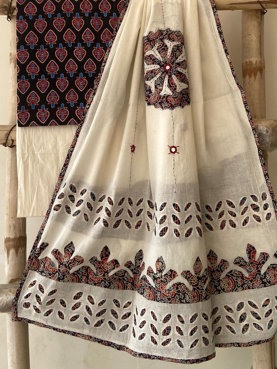 Pure Cotton Azrakh Print Unstitched Suit With Patch Work & Mirror Work Dupatta.