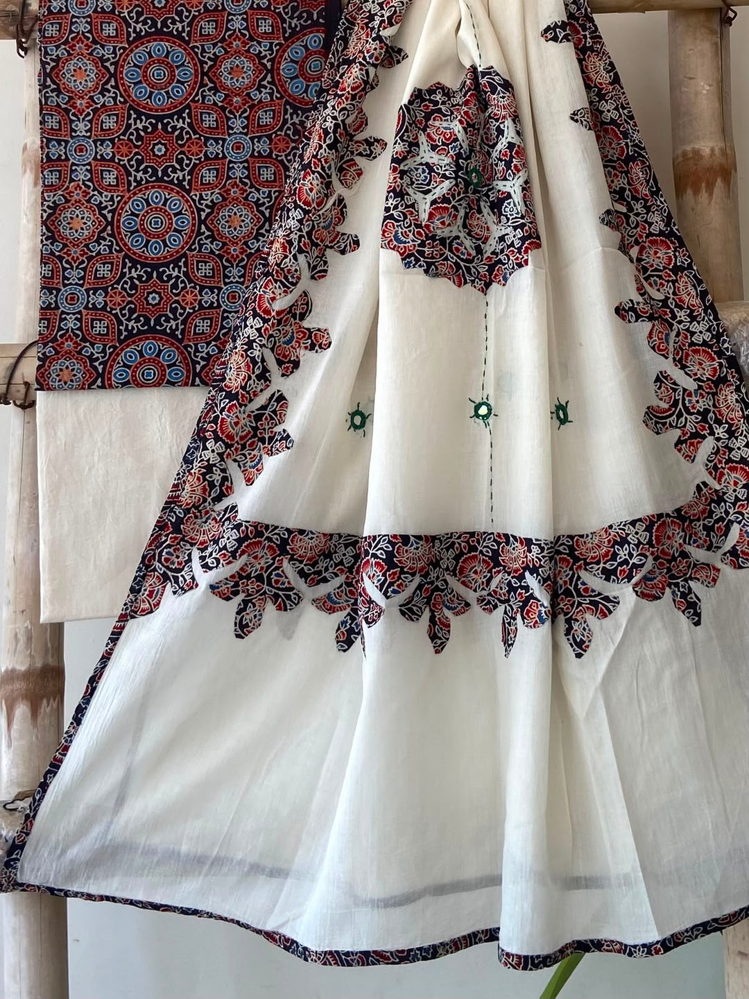 Pure Cotton Azrakh Print Unstitched Suit With Patch Work & Mirror Work Dupatta.