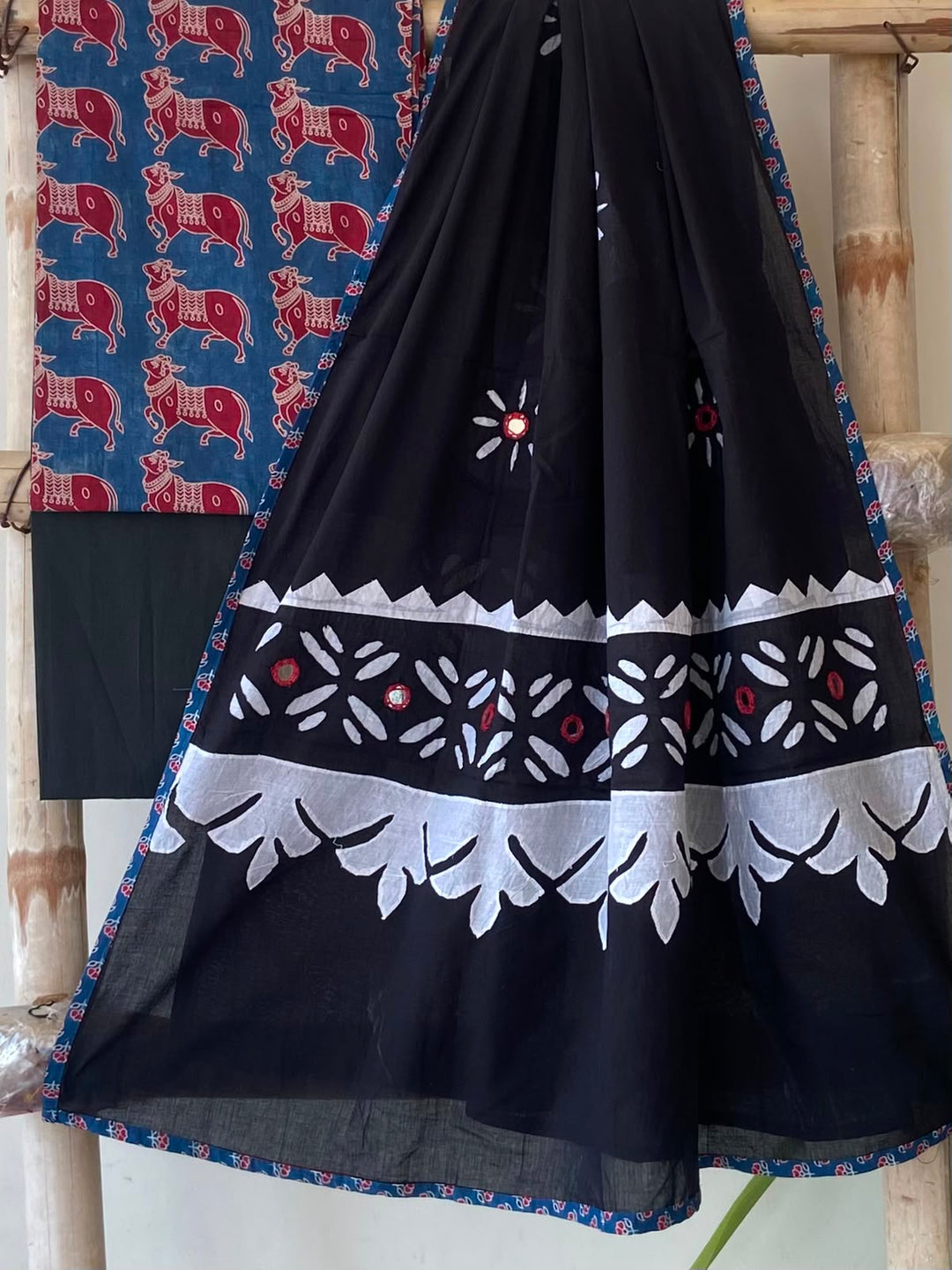 Pure Cotton Azrakh Print Unstitched Suit With Patch Work & Mirror Work Dupatta.