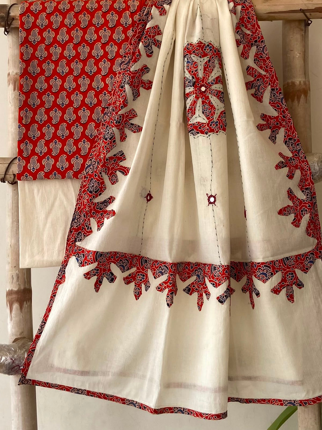Pure Cotton Azrakh Print Unstitched Suit With Patch Work & Mirror Work Dupatta.