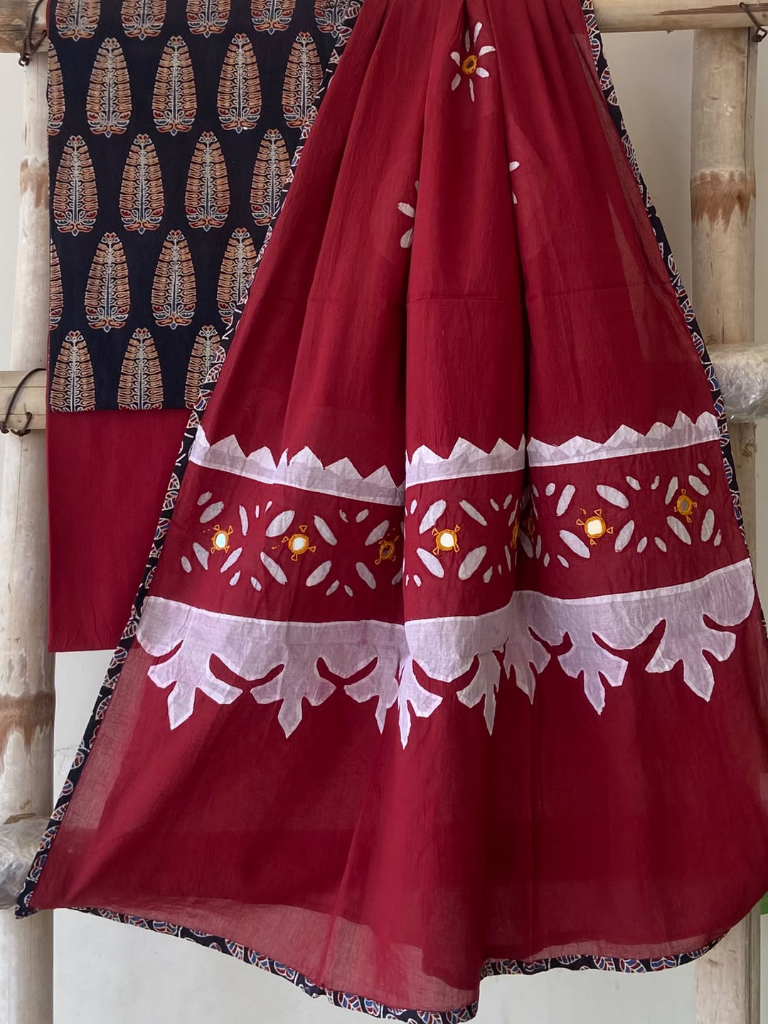 Pure Cotton Azrakh Print Unstitched Suit With Patch Work & Mirror Work Dupatta.