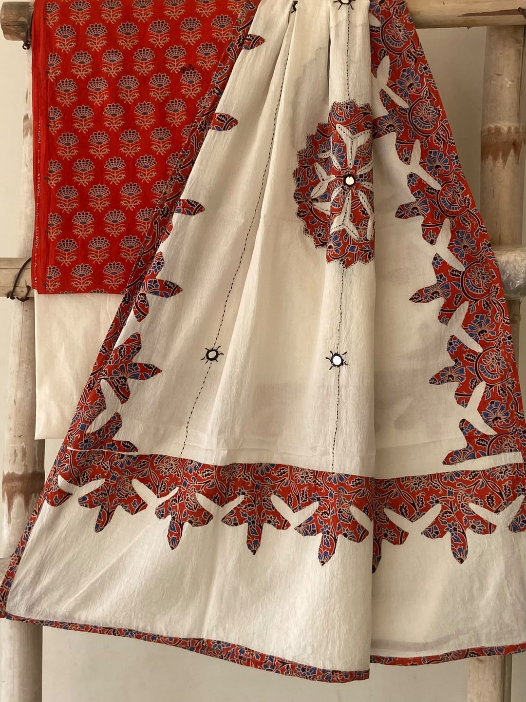 Pure Cotton Azrakh Print Unstitched Suit With Patch Work & Mirror Work Dupatta.