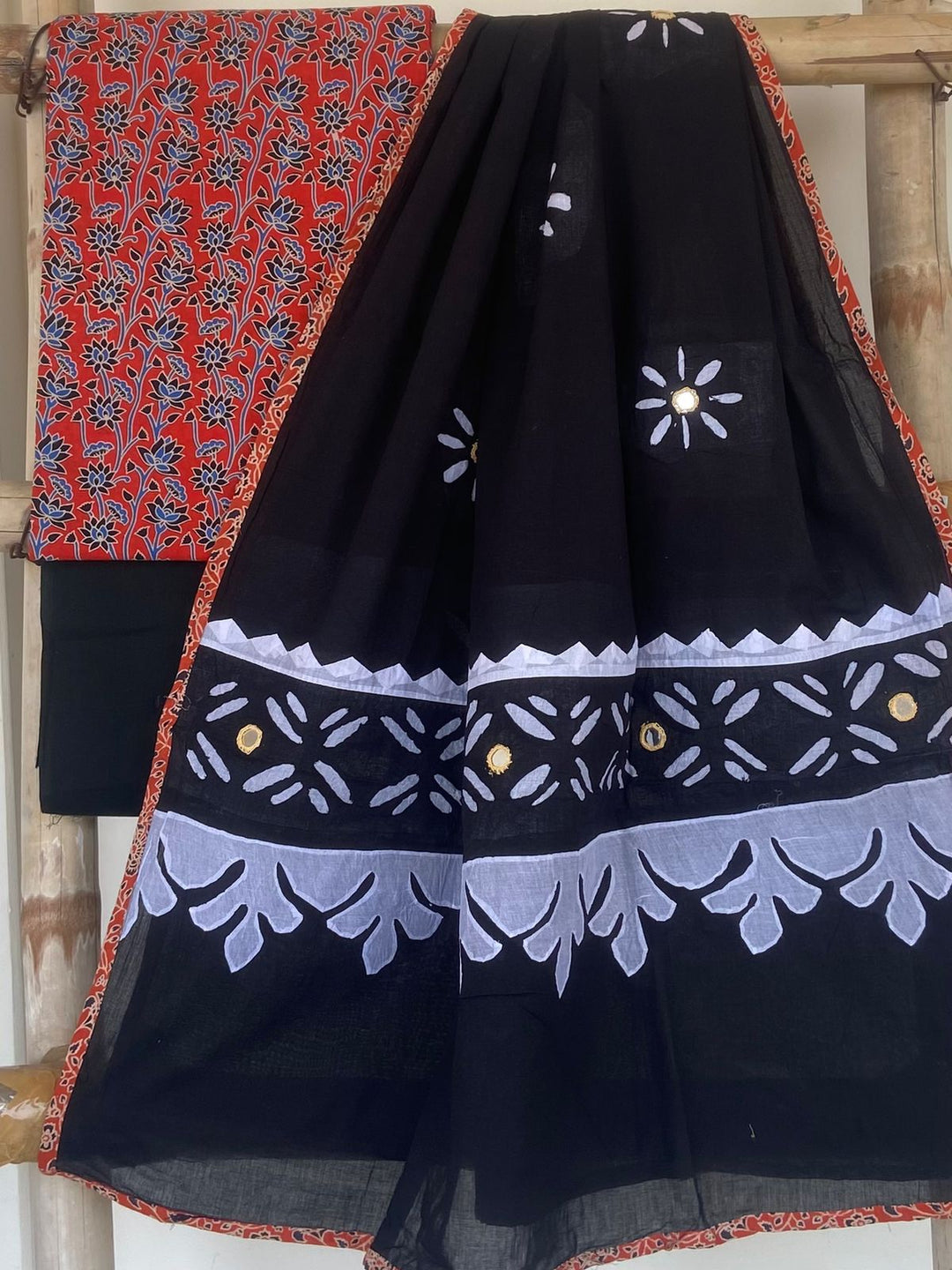 Pure Cotton Azrakh Print Unstitched Suit With Patch Work & Mirror Work Dupatta.