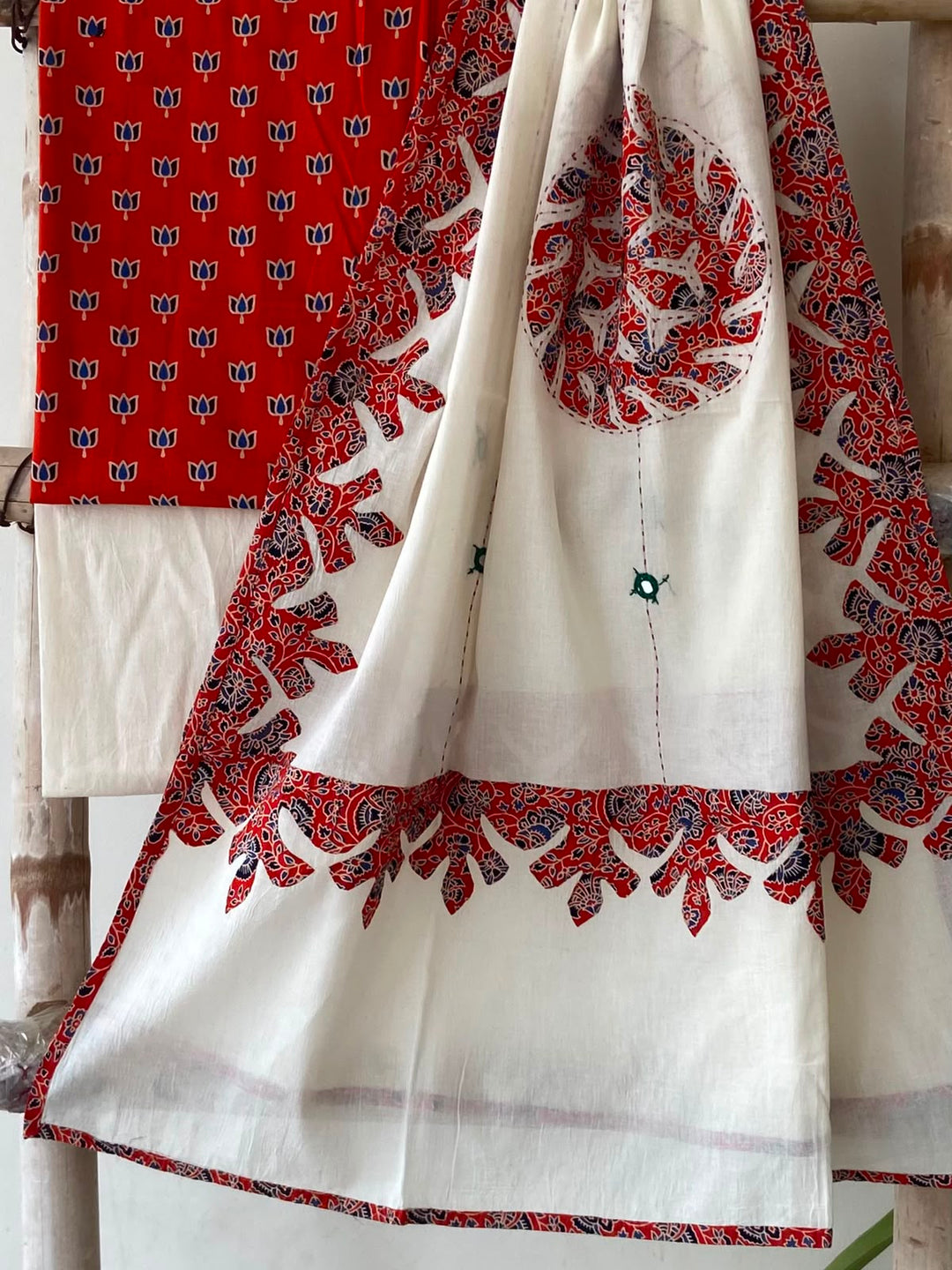 Pure Cotton Azrakh Print Unstitched Suit With Patch Work & Mirror Work Dupatta.