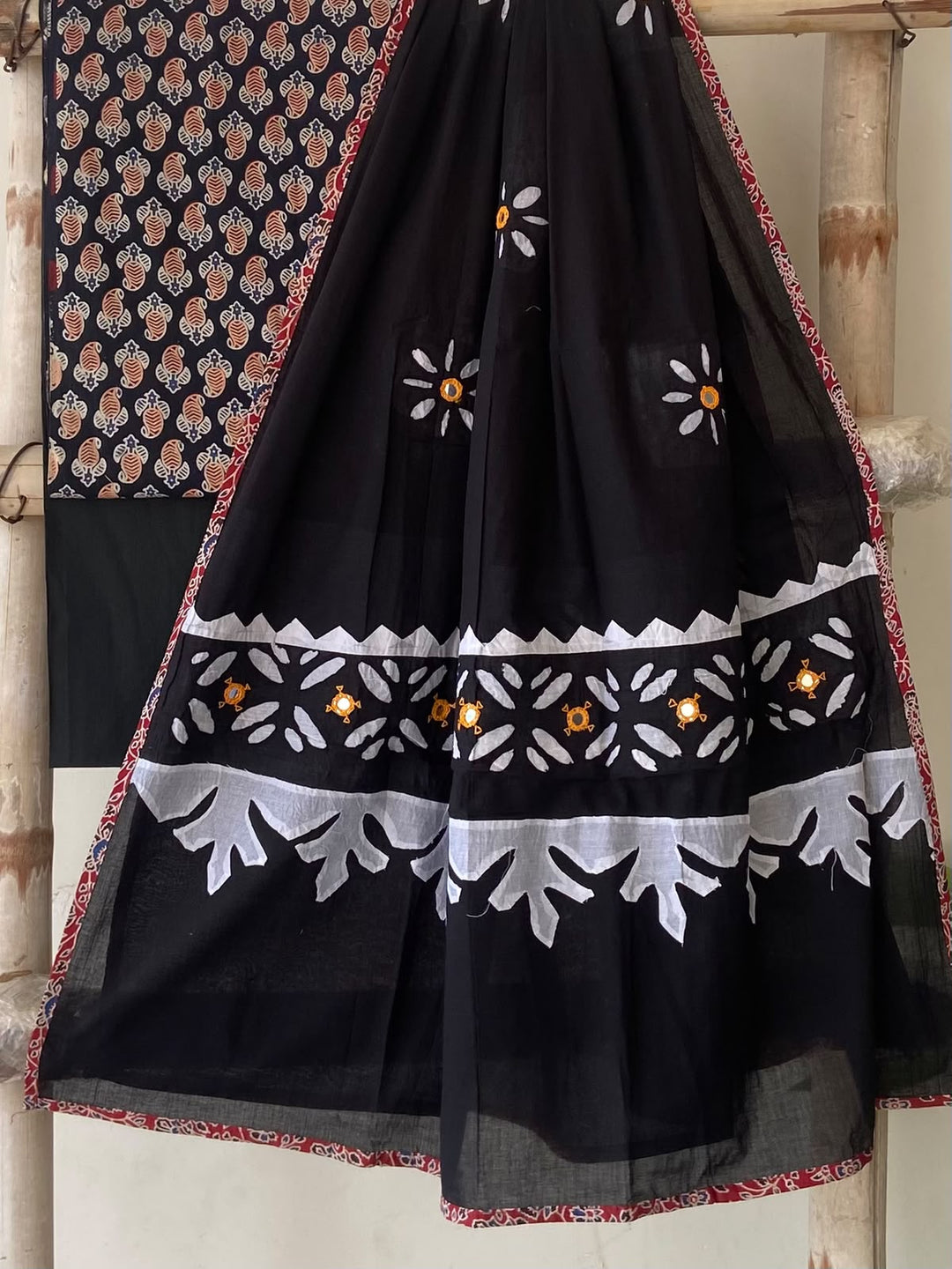 Pure Cotton Azrakh Print Unstitched Suit With Patch Work & Mirror Work Dupatta.