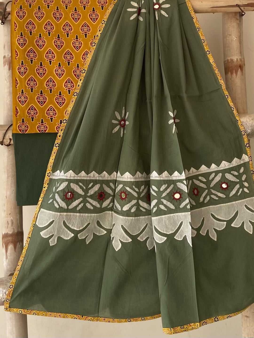 Pure Cotton Azrakh Print Unstitched Suit With Patch Work & Mirror Work Dupatta.