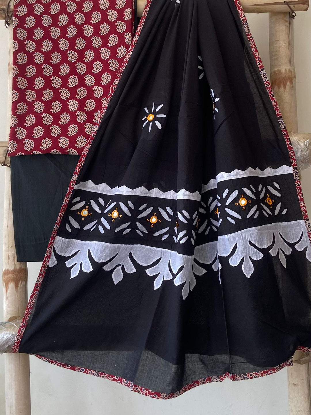 Pure Cotton Azrakh Print Unstitched Suit With Patch Work & Mirror Work Dupatta.